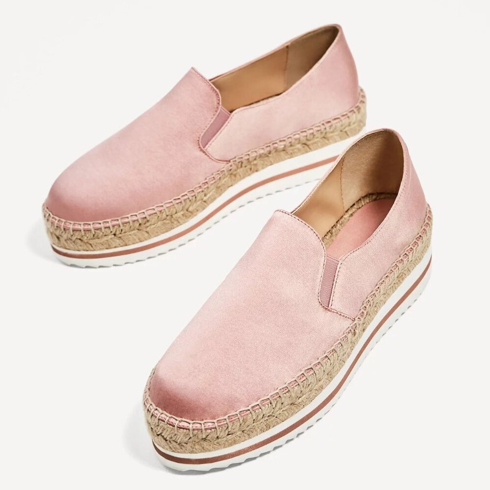 EUC Zara blush pink satin effect slip on espadrille style shoes, US 6